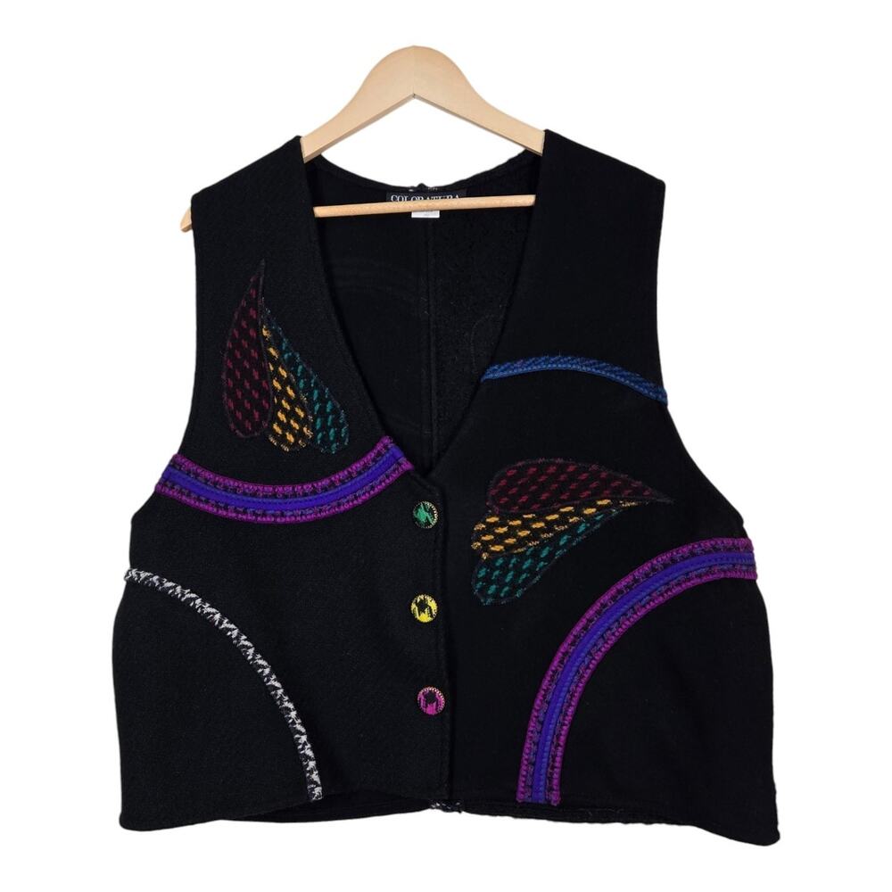 Vintage Coloratura Wool Mohair Vest L Black Paisley Applique Wearable Art Boho